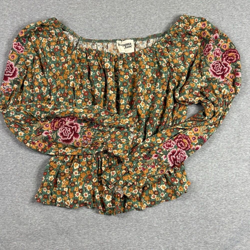Savanna Jane Top Womens L Boho Floral Embroidered Peasant Blouse Rayon Cottage